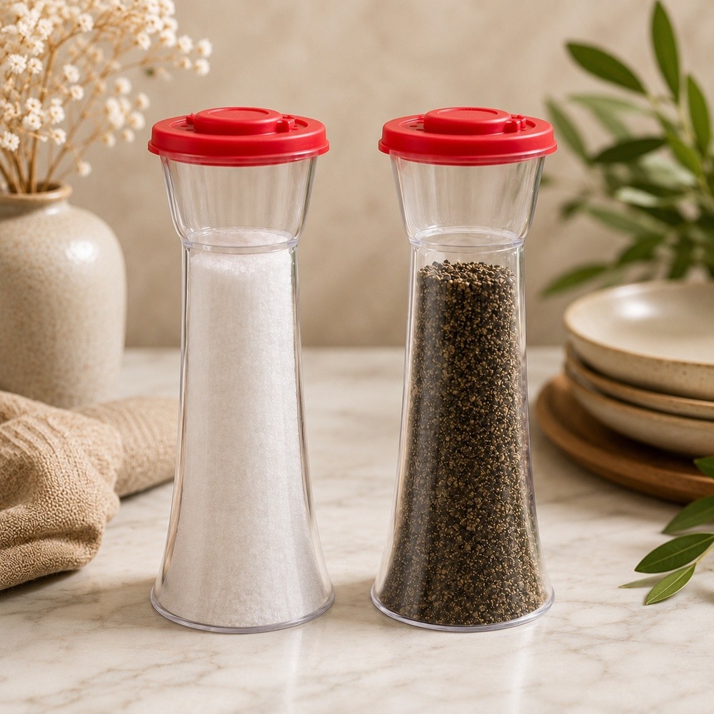 Hourglass Salt and Pepper Shakers Plastic Set Clear Red Flip Top Seals‎ NEW